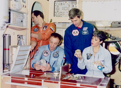 John Blaha (in navy blue suit) trains for his Mir mission with (from left) Pavel Vinogradov, Gennadi Manakov and France's first woman in space, Claudie Andre-Deshays. Three months after this image was taken, Manakov and Vinogradov would both be grounded and replaced by Valeri Korzun and Aleksandr Kaleri. Photo Credit: NASA