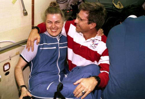 John Blaha greets Shannon Lucid after his arrival aboard Mir in September 1996. The pair had flown together on two previous shuttle missions. Photo Credit: NASA