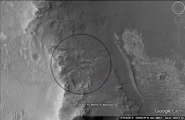 The gully as seen in Mars images on Google Earth. Image Credit: ESA/DLR/FU Berlin (G.Neukum)/Paul Scott Anderson