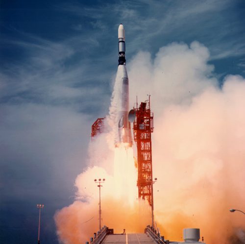 Lunar Orbiter-1 roars away from Launch Complex (LC)-13 on 10 August 1966. Photo Credit: NASA