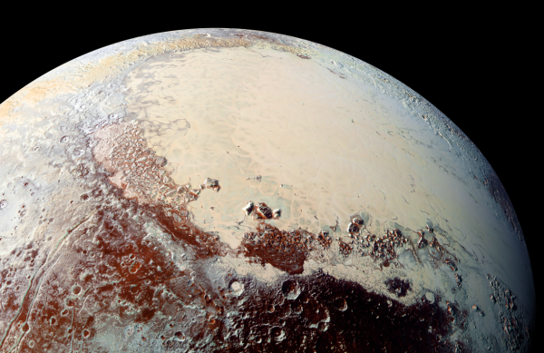 High-resolution view of Pluto from New Horizons. The large smoother area of ice in Sputnik Planum is the western lobe of the “heart” feature. Image Credit: NASA/JHUAPL/SwRI