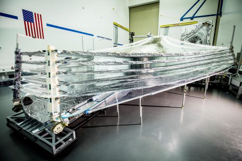 The five layers of the sunshield, which will protect the telescope in space. Photo Credit: Northrop Grumman