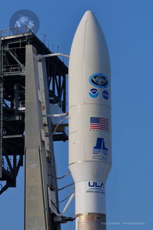 ULA's Atlas-V stands poised for launch with the NASA and NOAA GOES-R satellite tucked inside of its protective bullet-like fairing. Photo Credit: Alan Walters / AmericaSpace
