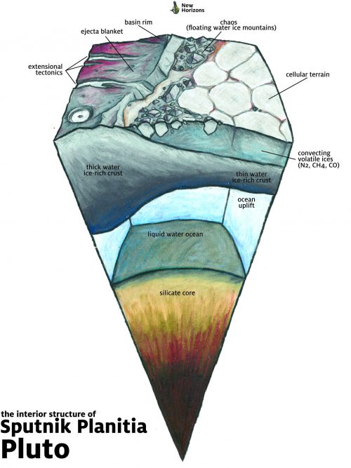 Graphic depicting the geological structure of Pluto below Sputnik Planitia. Deep down, a liquid water ocean is now thought to exist. Image Credit: James Keane