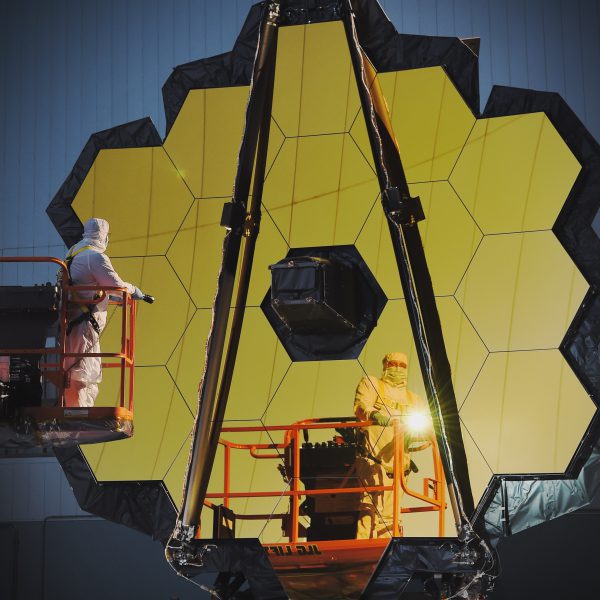 Engineers conducting a white light inspection of the James Webb Space Telescope, currently located in the clean room at NASA's Goddard Space Flight Center, Greenbelt, Maryland. Photo NASA/Chris Gunn