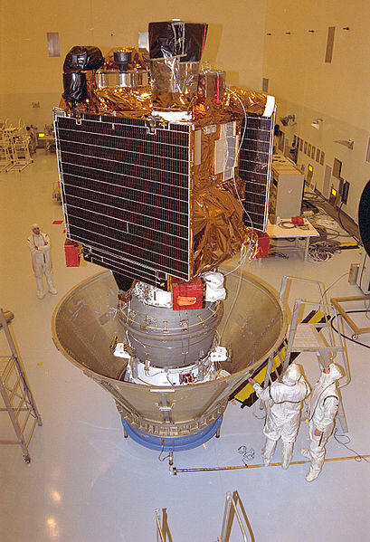 Mars Global Surveyor, pictured during pre-flight processing. Photo Credit: NASA