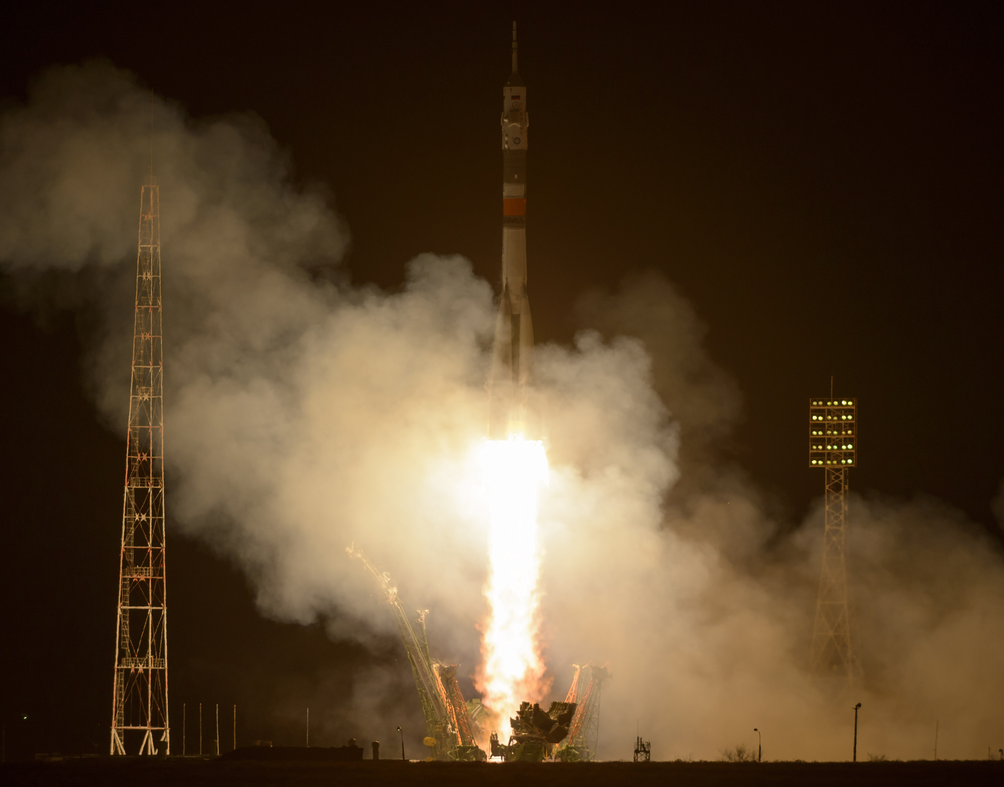 The Soyuz MS-03 spacecraft launches from the Baikonur Cosmodrome with Expedition 50 crewmembers NASA astronaut Peggy Whitson, Russian cosmonaut Oleg Novitskiy of Roscosmos, and ESA astronaut Thomas Pesquet from the Baikonur Cosmodrome in Kazakhstan, Friday, Nov. 18, 2016, (Kazakh time) (Nov 17 Eastern time). Whitson, Novitskiy, and Pesquet will spend approximately six months on the orbital complex. Photo Credit: (NASA/Bill Ingalls)