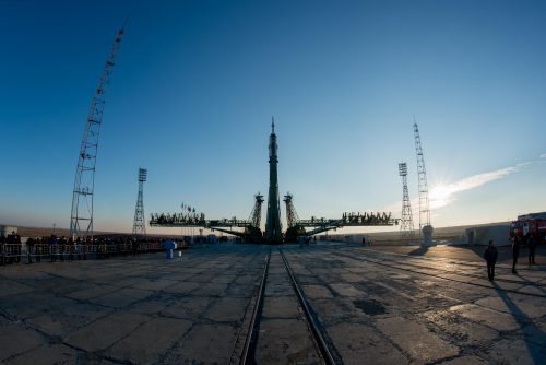 Backdropped by a crisp Baikonur dawn, the Soyuz-FG booster is raised to the vertical at Site 1/5, early Monday, 14 November. Photo Credit: Thomas Pesquet/Twitter