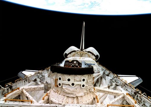 The Orbiter Docking System (ODS) and, behind, the Spacehab double module, are visible in Atlantis' payload bay during STS-81. Photo Credit: NASA, via Joachim Becker/SpaceFacts.de