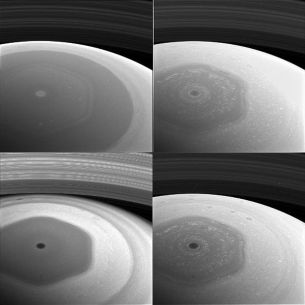 Collage showing Saturn's north polar hexagon through different filters. Clockwise from top left, the filters used are sensitive to violet (420 nanometers), red (648 nanometers), near-infrared (728 nanometers) and infrared (939 nanometers) light. The images were taken on Dec. 2, 2016. Image Credit: NASA/JPL-Caltech/Space Science Institute