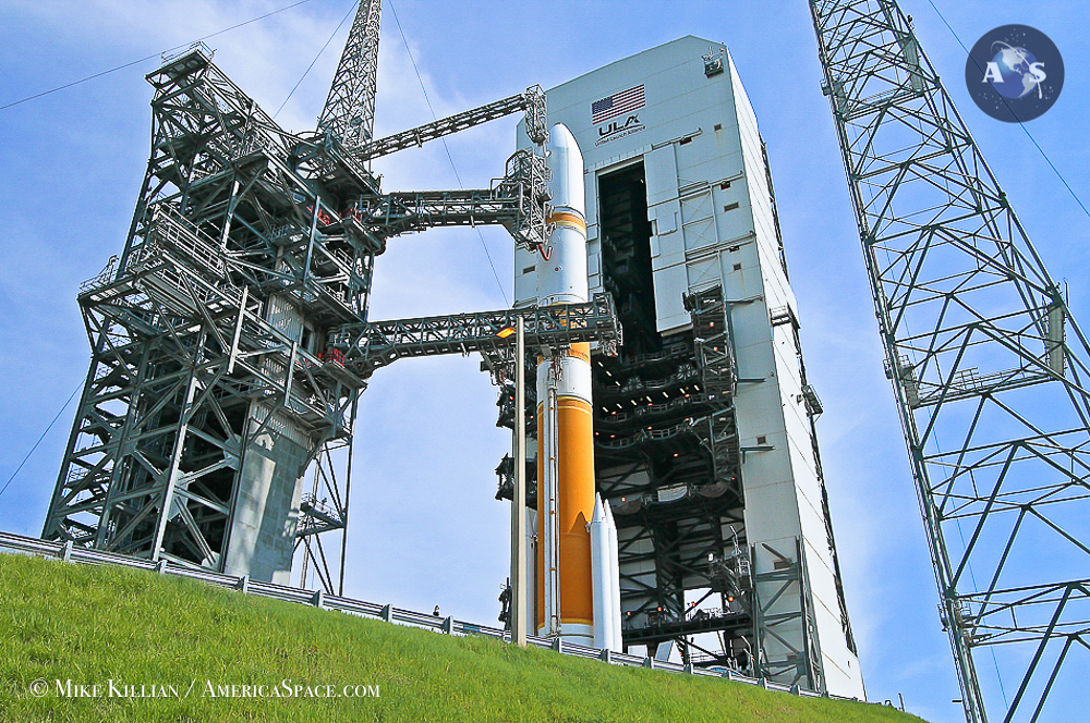 File photo of a ULA Delta IV rocket standing by to deliver the sixth Wideband Global SATCOM (WGS-6) satellite to geosynchronous orbit for the U.S. Air Force. The WGS satellites are an important element of a new high-capacity satellite communications system providing enhanced communications capabilities to our troops in the field for the next decade and beyond. WGS-8 is scheduled to fly from Cape Canaveral AFS, Fla. as soon as this Wed., Dec 7. Photo Credit: Mike Killian / AmericaSpace
