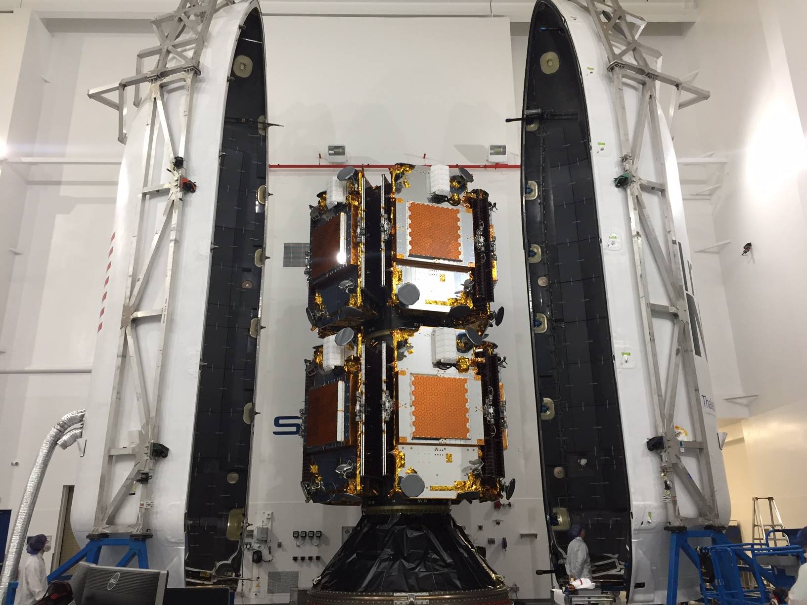 The first ten IridiumNEXT satellites are stacked and encapsulated in the Falcon 9 fairing for a Jan. 8 launch attempt from Vandenberg AFB, CA. Photo Credit: Iridium