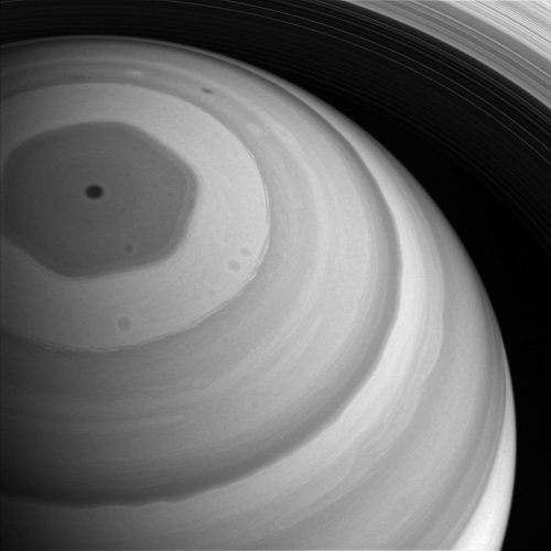 A recent raw image from Cassini showing Saturn's north polar "hexagon" wind pattern. Cassini has revolutionized our understanding of the entire Saturnian system. Photo Credit: NASA/JPL-Caltech