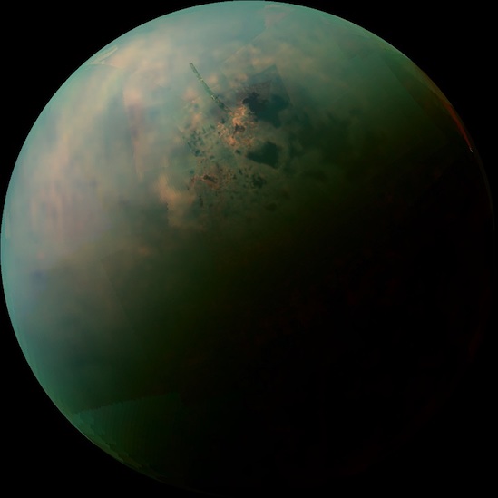 Seen by the human eye, Titan's surface is obscured by a thick global haze, but Cassini's radar can show features such as the methane rivers, lakes, seas and sand dunes. Image Credit: NASA/JPL-Caltech/University of Arizona/University of Idaho