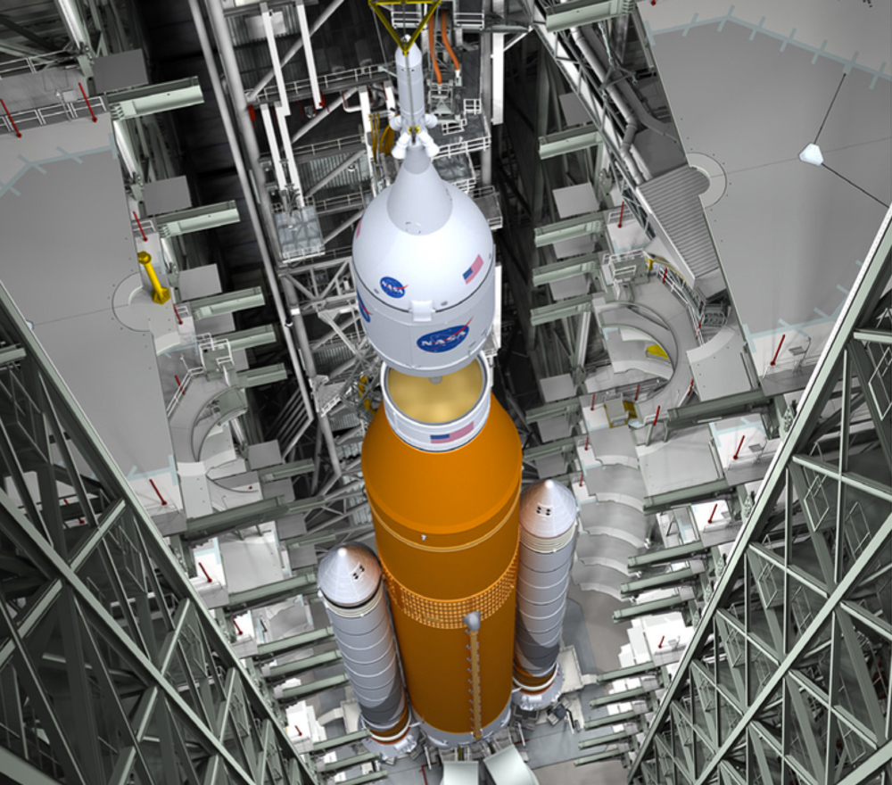 An artist illustration of the new work platforms surrounding NASA's Space Launch System and Orion spacecraft in High Bay 3 of the Vehicle Assembly Building at Kennedy Space Center in Florida. Credits: NASA