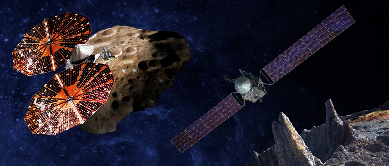 Artist's conception of the two new missions announced - Lucy flying by the Trojan asteroid Eurybates and Psyche,the first mission to the metal world 16 Psyche. Image Credit: SwRI/SSL/Peter Rubin