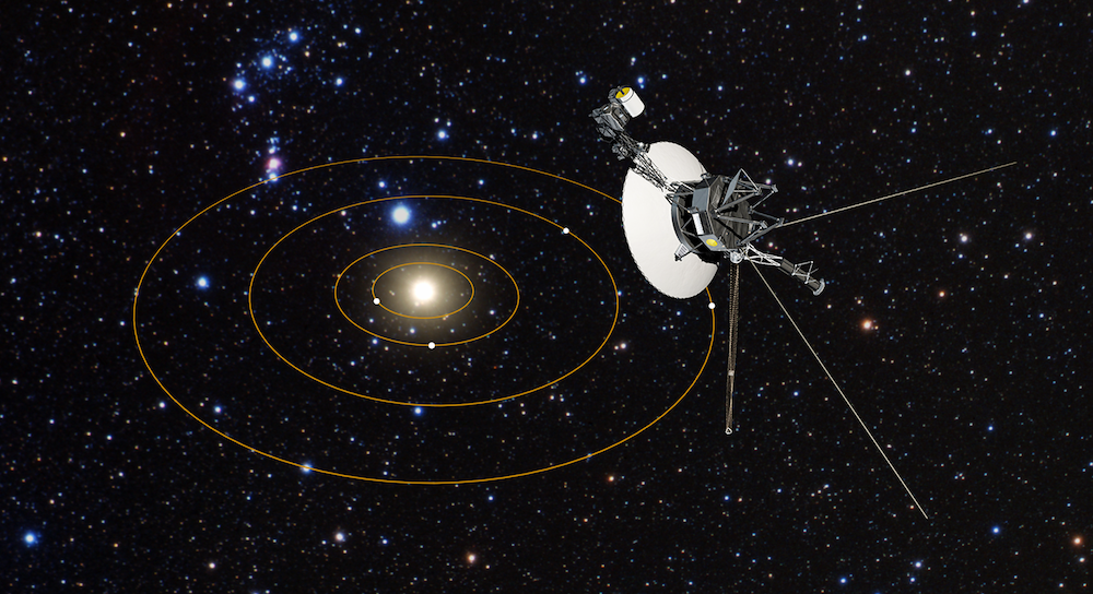 Artist's illustrationn of Voyager 1 looking back on the Solar System. Image Credit: NASA/ESA/G. Bacon (STScI)